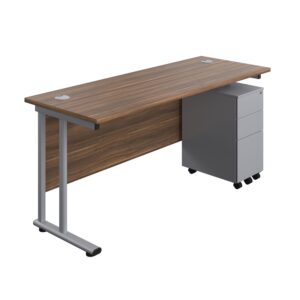 Twin Upright Rectangular Desk + Slimline Steel Pedestal 3 Drawers