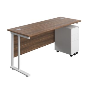 Twin Upright Rectangular Desk + Slimline Steel Pedestal 3 Drawers