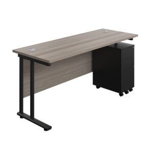 Twin Upright Rectangular Desk + Slimline Steel Pedestal 3 Drawers