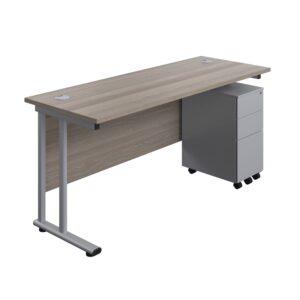 Twin Upright Rectangular Desk + Slimline Steel Pedestal 3 Drawers
