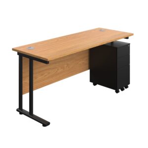 Twin Upright Rectangular Desk + Slimline Steel Pedestal 3 Drawers
