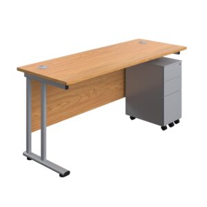 Twin Upright Rectangular Desk + Slimline Steel Pedestal 3 Drawers