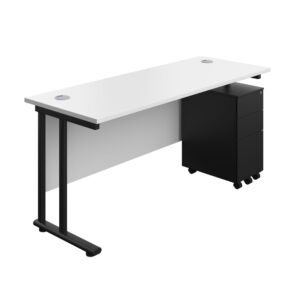 Twin Upright Rectangular Desk + Slimline Steel Pedestal 3 Drawers