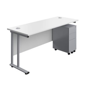 Twin Upright Rectangular Desk + Slimline Steel Pedestal 3 Drawers