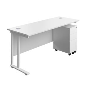 Twin Upright Rectangular Desk + Slimline Steel Pedestal 3 Drawers