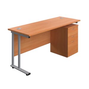 Twin Upright Rectangular Desk + High Mobile Pedestal 3 Drawer