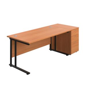 Twin Upright Rectangular Desk + Desk High 3 Drawer Pedestal