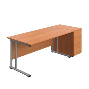 Twin Upright Rectangular Desk + Desk High 3 Drawer Pedestal