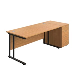 Twin Upright Rectangular Desk + Desk High 3 Drawer Pedestal
