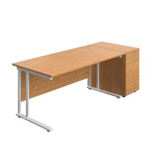 Twin Upright Rectangular Desk + Desk High 3 Drawer Pedestal