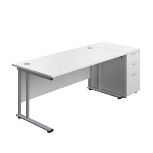 Twin Upright Rectangular Desk + Desk High 3 Drawer Pedestal