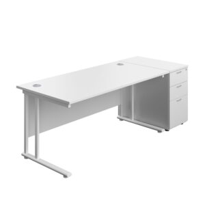 Twin Upright Rectangular Desk + Desk High 3 Drawer Pedestal