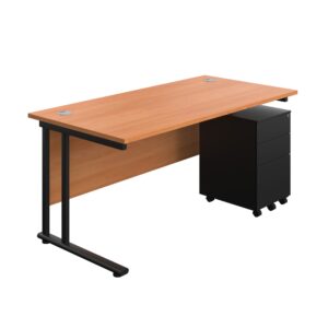 Twin Upright Rectangular Desk + Under Desk Steel Pedestal 3 Drawers