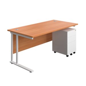 Twin Upright Rectangular Desk + Under Desk Steel Pedestal 3 Drawers