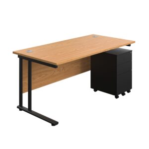 Twin Upright Rectangular Desk + Under Desk Steel Pedestal 3 Drawers
