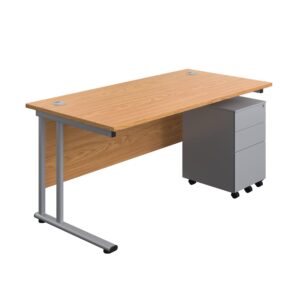 Twin Upright Rectangular Desk + Under Desk Steel Pedestal 3 Drawers