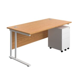 Twin Upright Rectangular Desk + Under Desk Steel Pedestal 3 Drawers