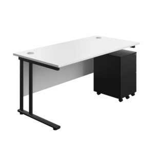 Twin Upright Rectangular Desk + Under Desk Steel Pedestal 3 Drawers