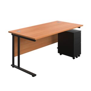 Twin Upright Rectangular Desk + Slimline Steel Pedestal 3 Drawers