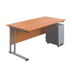 Twin Upright Rectangular Desk + Slimline Steel Pedestal 3 Drawers