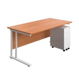 Twin Upright Rectangular Desk + Slimline Steel Pedestal 3 Drawers