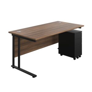 Twin Upright Rectangular Desk + Slimline Steel Pedestal 3 Drawers