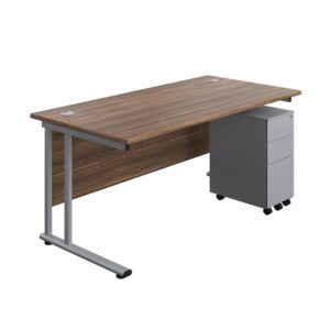 Twin Upright Rectangular Desk + Slimline Steel Pedestal 3 Drawers