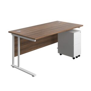 Twin Upright Rectangular Desk + Slimline Steel Pedestal 3 Drawers