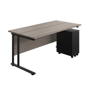Twin Upright Rectangular Desk + Slimline Steel Pedestal 3 Drawers