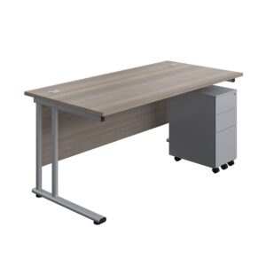 Twin Upright Rectangular Desk + Slimline Steel Pedestal 3 Drawers