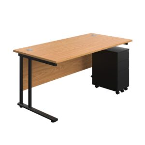 Twin Upright Rectangular Desk + Slimline Steel Pedestal 3 Drawers