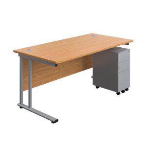 Twin Upright Rectangular Desk + Slimline Steel Pedestal 3 Drawers