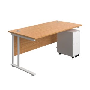 Twin Upright Rectangular Desk + Slimline Steel Pedestal 3 Drawers
