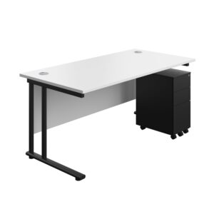 Twin Upright Rectangular Desk + Slimline Steel Pedestal 3 Drawers