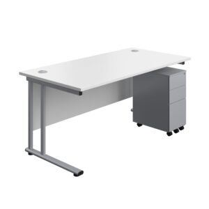 Twin Upright Rectangular Desk + Slimline Steel Pedestal 3 Drawers