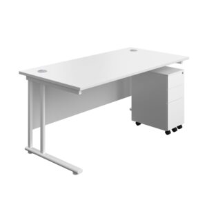Twin Upright Rectangular Desk + Slimline Steel Pedestal 3 Drawers