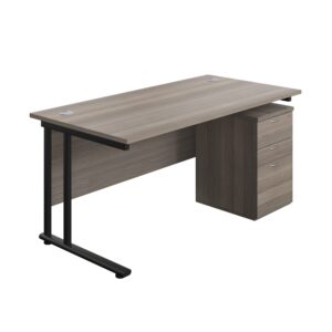 Twin Upright Rectangular Desk + High Mobile Pedestal 3 Drawer