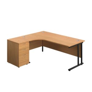 Twin Upright Left Hand Radial Desk + Desk High 3 Drawer Pedestal