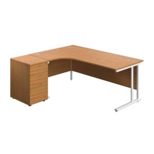 Twin Upright Left Hand Radial Desk + Desk High 3 Drawer Pedestal