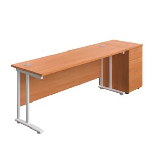 Twin Upright Rectangular Desk + Desk High 3 Drawer Pedestal