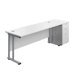 Twin Upright Rectangular Desk + Desk High 3 Drawer Pedestal