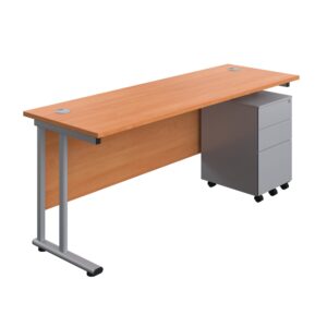 Twin Upright Rectangular Desk + Under Desk Steel Pedestal 3 Drawers