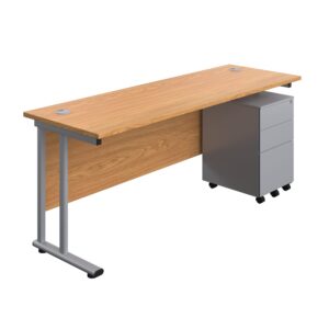 Twin Upright Rectangular Desk + Under Desk Steel Pedestal 3 Drawers