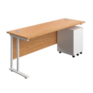 Twin Upright Rectangular Desk + Under Desk Steel Pedestal 3 Drawers