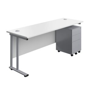 Twin Upright Rectangular Desk + Under Desk Steel Pedestal 3 Drawers