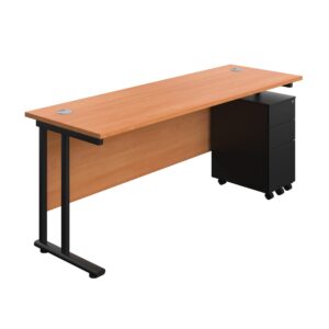 Twin Upright Rectangular Desk + Slimline Steel Pedestal 3 Drawers