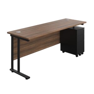 Twin Upright Rectangular Desk + Slimline Steel Pedestal 3 Drawers