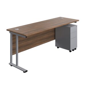 Twin Upright Rectangular Desk + Slimline Steel Pedestal 3 Drawers