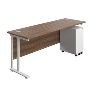 Twin Upright Rectangular Desk + Slimline Steel Pedestal 3 Drawers