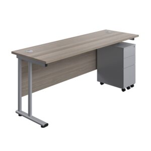 Twin Upright Rectangular Desk + Slimline Steel Pedestal 3 Drawers